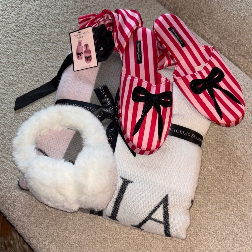 Victoria's Secret Gift Bundle Red and pink Striped Slippers and ear muffs